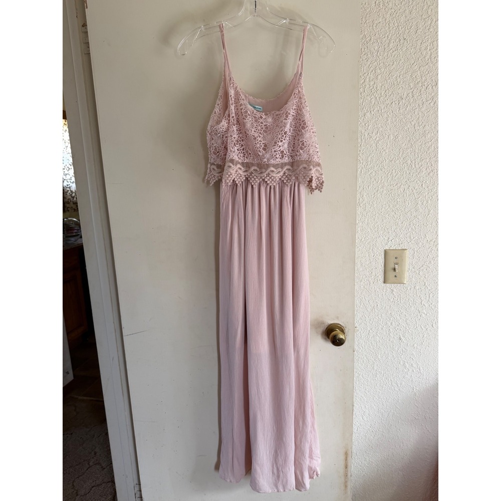 Maurices Lace Maxi Dress Pink‎ Spaghetti Strap Flowy Womens Size M Romantic Y2K